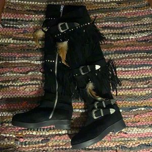 Thigh high fringe boots